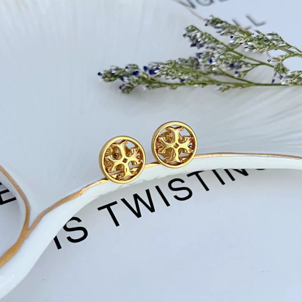 Tory Burch Geometric Round Hollow Letter Metal Stud Earrings